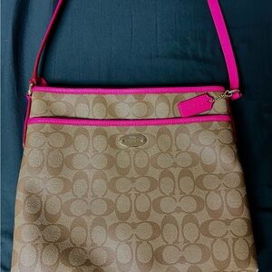 Coach Signature File Crossbody Bag F34938 Khaki Pink Canvas Leather Trim